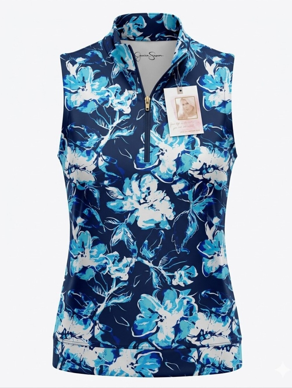 Jessica Simpson Blue Floral Sleeveless Zip Mock Polo Shirt